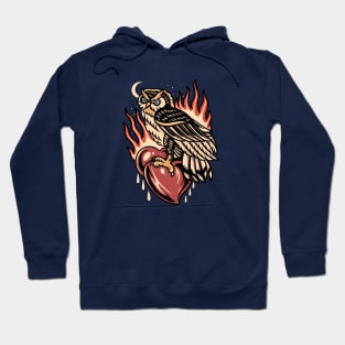 Vintage Owl and Flaming Heart Hoodie